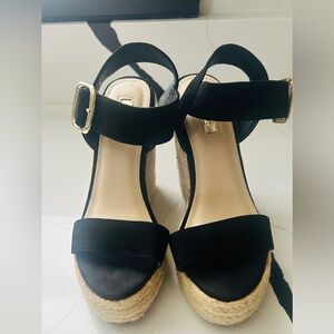 Black Faux Suede Espadrille Wedge Sandals - Size 37